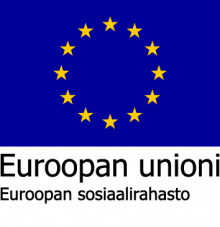 Sininen pohja, keltaisia tähtiä. EU:n logo.
